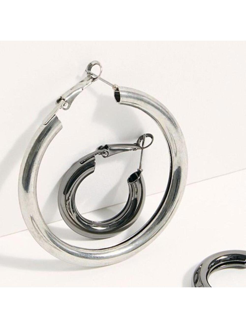 Free People Classic Tube Hoop Earring Set Silver Combo - Picture 6 of 7